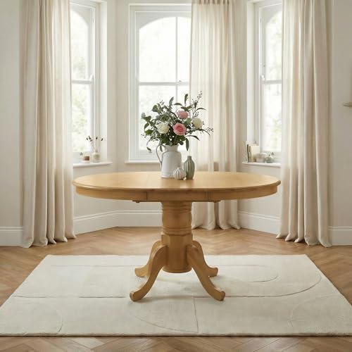 Furniturebox UK 4 to 6 Seat Solid Wood Round Extending Table - Padstow Oak Effect Pedestal Extendable Dining Table - Traditional Classic Rustic Farmhouse Dining Furniture - Solid Rubberwood