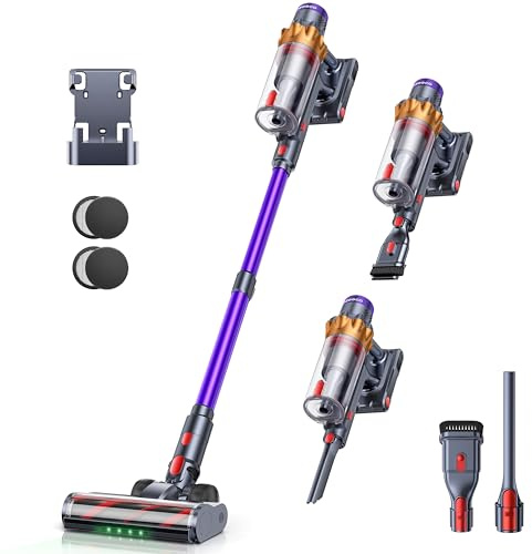 Aspirapolvere Senza Fili 600W/50KPa, 65Mins（ECO Mode) Scopa Elettrica Senza Fili Potente con Autoportante, Luce LED Verde e Ricarica a Parete, con Profumo per Pavimenti Tappeti Peli di Animalili
