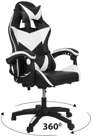 ​​Ergonomic Gaming Chair Adjustable Lumbar Support & Headrest - Reclining Office Computer Chair, 360° Swivel PU Leather Racing Seat for Long Sessions​ (Black+white)