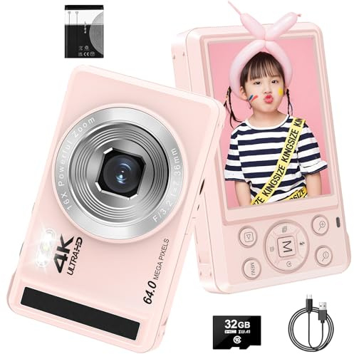 Digitalkamera, 4K 64MP Autofokus UHD Kompaktkameras für Fotografie und Video - Wiederaufladbare Vlogging-Kamera mit 32-GB-Karte, Akku, 16-facher Digitalzoom für Kinder Anfänger Teenager