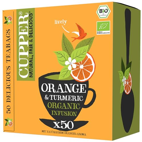 CUPPER Infuso Biologico Arancia e Curcuma, con Honeybush e Scorza d'Arancia, Gusto Delizioso e Rinfrescante, Filtri 100% Biodegradabili, Senza caffeina, Confezione da 50 Bustine