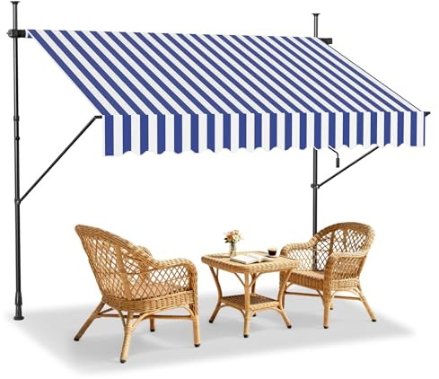 LZQ Klemmmarkise Balkon, Markise Einziehbar Manuell, Handkurbel, höhenverstellbar, UV-beständig, ohne Bohren, 100% Polyester, Blau-weiße, 200x120cm