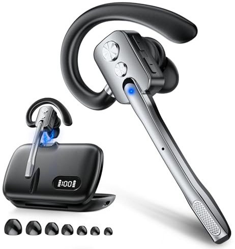 Bluetooth Headset, Wireless Headset with Dual-Mics & Noise Cancelling, Bluetooth Earpiece with QCC Chip for Phone PC iOS Android