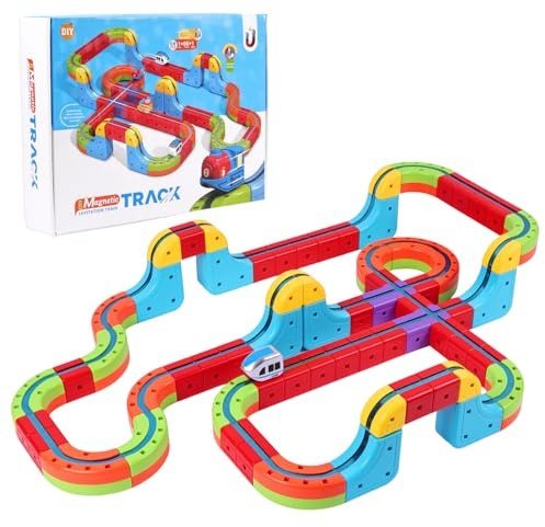 AOOSA 68 Pezzi Set di Treni Elettrici, Sets di Treni Magnetici, con Treno Motorizzato che Sfida la Gravità, Set di Binari del Treno con Layout 3D Incorporati, Regali di Compleanno per Bambini 3+