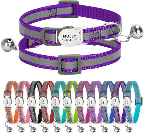 Personligt reflekterande katthalsband med namnetikett, snabbfrigörande kattunge-halsband med klocksäkerhetsspänne, justerbar nylon kattkrage för katter kattungar UK Prime (19–30 cm, mörklila remsa)