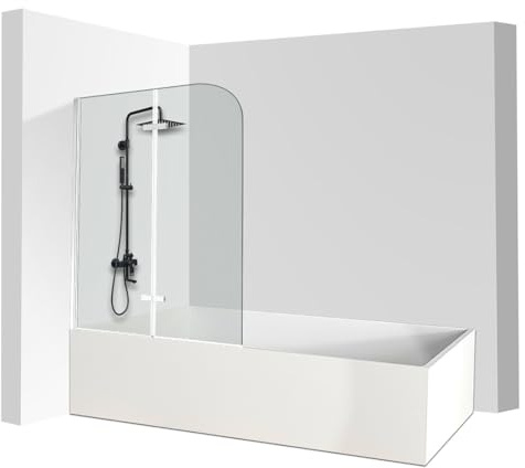 Monucep Vasca da bagno 100 x 140 cm, 2 pezzi, pieghevole, parete doccia per vasca da bagno in vetro di sicurezza ESG da 6 mm, rivestimento nano, girevole a 180°, paraspruzzi, argento
