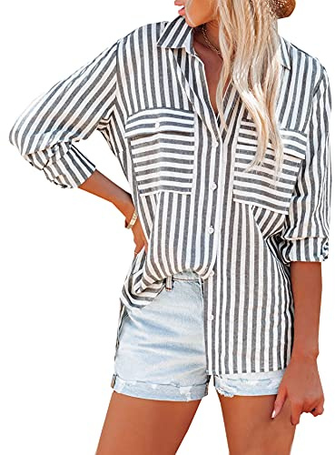 OMSJ Women's Striped Button Down Shirts Casual Long Sleeve Stylish V Neck Blouses Tops with Pockets (M, Black)