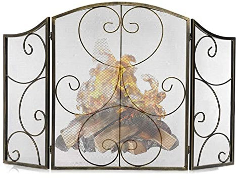 Funkenschutzgitter Antike Schmiedeeisenkamin-Kamin-Bildschirm Für Blockholz-brennofen/Offenes Feuer, Gefalteter 3-Panel-feuerfunkenschutz Mit Durchsichtigem Metallnetz , Europäischer Stil