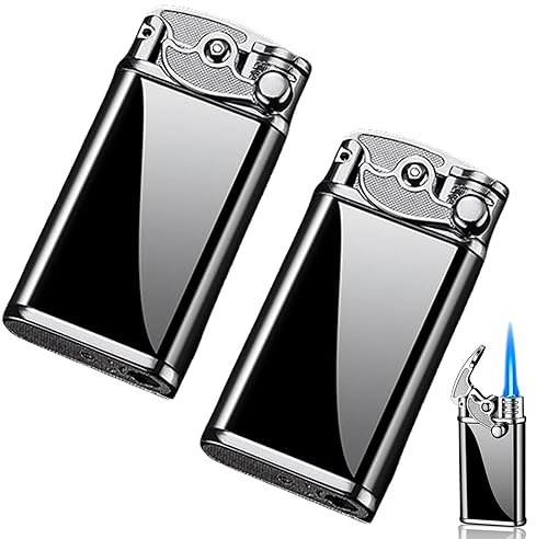 Aicharynic 2 Stück Sturmfeuerzeug Jetflamme, Sturmfeuerzeug Gas Nachfüllbar Feuerzeug Sturmfeuerzeug Winddicht Jet Feuerzeug Gasfeuerzeug Jetflame für Küche, Grill, Camping (Verkauft ohne Butangas)