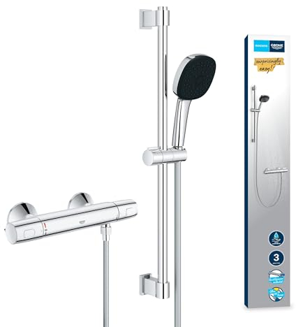 GROHE Precision Trend Mitigeur Thermostatique Douche, Ensemble de Douche 3 jets avec barre 60cm, Economie d'Eau, Flexible 1,75m, A coller avec GROHE QuickGlue ou à visser, Chromé, 34237003