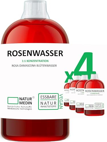 4.000-ml (4 x 1.000-ml) LEBENSMITTEL ROSENWASSER DO-IT-ALL 100% naturrein Rosa damascena Blütenwasser ohne Zusatzstoffe NATURMEDIN®