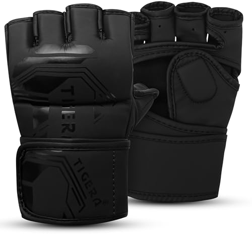 TIGERA MMA Gloves for Men & Women, Martial Arts Bag Gloves, Kickboxing Gloves with Open Palms, Boxing Gloves for Punching Bag, Sparring, Muay Thai, MMA (Black, S/M)