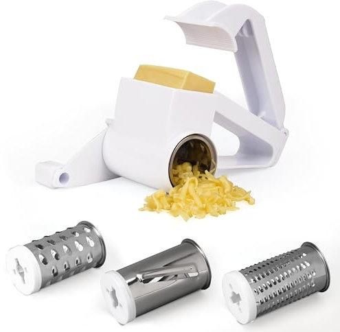 BELLE VOUS Käsereibe mit Kurbel - Lebensmittelreibe und 3 Edelstahltrommeln - Vielseitige Gemüsereibe mit Griff - Kartoffelreibe für Rohe Kartoffeln - Apfelreibe - Nussmühle