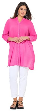 Ulla Popken Blusa Lunga in crêpe con Collo Alto, Scollo a V e Maniche a 3/4 Rosa 42+ 818499512-42+