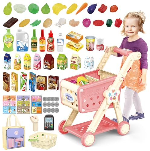 deAO Chariot de Supermarché pour Enfants, Ensemble de Jeu pour Bébé avec Nourriture, Fruits et Accessoires de Magasin, Chariot D'épicerie