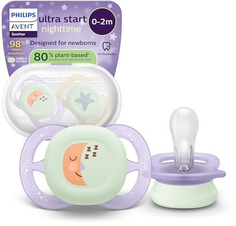 Philips Avent Sucettes de nuit ultra start, Tétines orthodontiques, pour nouveau-nés, phosphorescentes, en silicone souple d'origine végétale, sans BPA, avec étui de stérilisation, lot de 2, SCF075/17