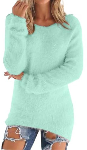 White Fluffy Jumper, Women's Fuzzy Knit Sweater Shirts Oversized Cozy Pullover Jumper Tops Long Sleeve Crewneck Casual Winter Warm Fleece Loungewear Green XXL
