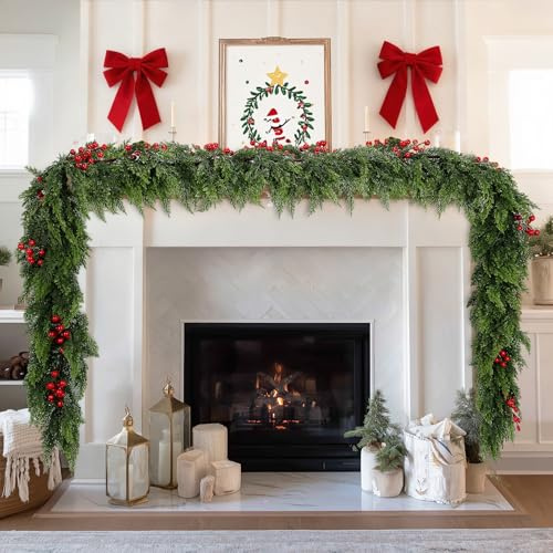Erogeen Real Touch Garland, Artificial Realistic Pine Cypress Garland with Red Berries, Artificial Greenery Garlands for Mantle Fireplace Table Outdoor Indoor Christmas Decoration (Green 9ft)
