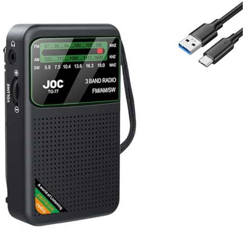 Radio Portátil Recargable Pequeña + Bateria Extra de Regalo, Radio de Bolsillo Pequeña, Carga USB-C, Entrada Auriculares Radio Transistor Analógico Am/FM/SW para Emergencias, Camping y Apagones