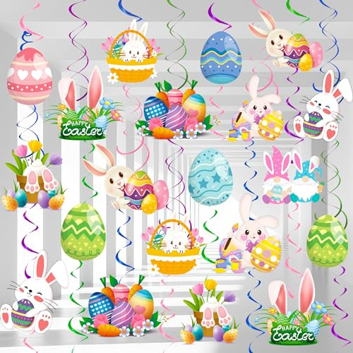 56 Pcs Easter Hanging Swirl Decorations, Easter Party Hanging Swirls Egg Bunny Hanging Foil Swirls Decorations
