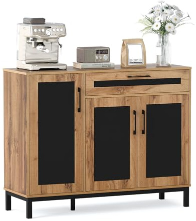 GIANTEX Aparador tipo buffet de 120 cm, mueble de bar de madera con cajón, 3 puertas, estantes y patas de metal, mueble contenedor de estilo granjero para cocina, comedor y salón