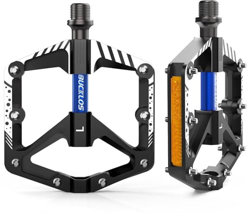 Pédales de vélo en aluminium CNC - Plateforme - Pédales antidérapantes avec réflecteurs 9/16 - Légères et robustes - Pour VTT, vélo de ville, vélo de course - Bleu/noir