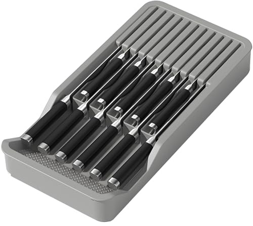 Texvora Skärblock i lådan, expanderbar skärorganiserare, lådinsats för skåp, låda, köksredskapshållare med separata fack för blad och handtag, passar standard- och stora lådor