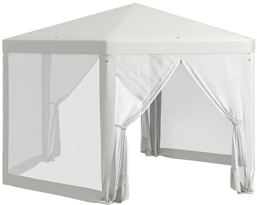 Outsunny Pavillon 394x341,2x250cm Gartenpavillon mit Moskitonetz Partyzelt Gartenzelt Festzelt Zelt 6-eckig Polyester Metall Creme