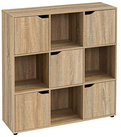 LOLAhome Estantería de Madera, Librería, Estantería Cubo con Puertas y Compartimentos Abiertos, Mueble almacenaje, en Color Natural de 90x29x90 cm para para Estudio,Dormitorio, Salón y Oficina
