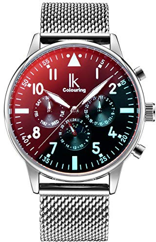 Alienwork Automatikuhr Armbanduhr Herren Silber Metall Mesh Armband Edelstahl Kalender Schwarz