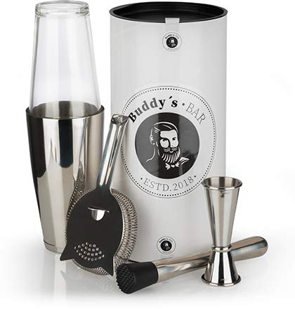 Buddy´s Bar – „Boston Bar-Set“, 700 ml, Boston Cocktail-Shaker, Barmaß, Stößel, Barsieb, lebensmittelecht, Bar-Set inklusive Geschenkbox, Edelstahl poliert