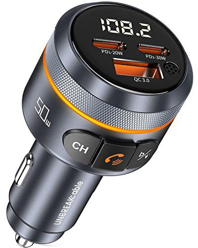 UNBREAKcable Bluetooth 5.3 FM Transmitter für Auto 50W, Ganzmetall-USB-Ladegerät mit 3 Anschlüssen, Stromversorgung und QC 3.0 Hi-Fi-Bass Zigarettenanzünder Radio, unterstützt Siri Google-Assistent