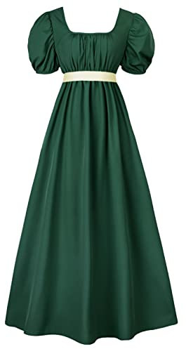FRIUSATE Green Regency Dress, Renaissance Dress, Regency Dresses for Women Costume with Sash Empire Waist Ruffled Puff Sleeve Long Dress for Parties, Weddings and Gala(S Dark Green)