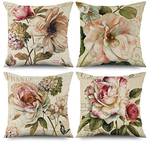 ASDCXZ Blume Kissenbezug 50x50 cm 4er Set, Retro Rose Blume Beige Sofa Kissen Dekokissen Kissenbezüge Kissenhülle Waschbar Polyester Flachs Textil Outdoor Polster Kopfkissenbezug Kissen Bezug