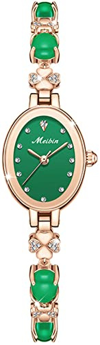 findtime Elegant Uhr Damen Analog Quarz Armbanduhr Diamanten Luxus Strass Damenuhr mit Perlenarmband Grün Armband Designer Edelstahl Schmuck Frauen Mädchen Rosegold 3ATM Wasserdicht