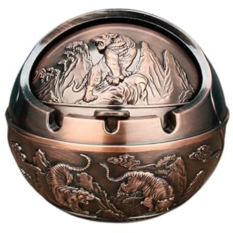 Cendrier en métal avec couvercles, coupe-vent, pour une utilisation en intérieur ou en extérieur, cendrier pour fumeurs, cendrier de bureau pour décoration de maison et de bureau (tigre cuivré)