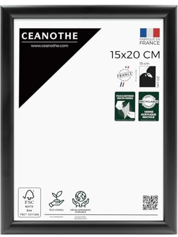 Ceanothe Cadre Photo 15x20 cm en Bois Noir, pour Exposition et Idéal pour Portrait Bureau et A5, Collection Essentiel Verre Acrylique Incassable Fabriqué en France