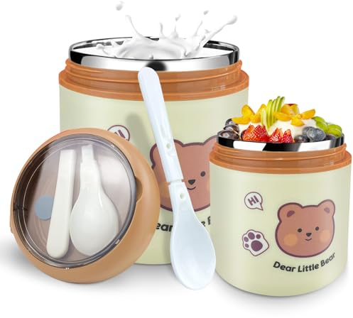 KAGUOl Bicchiere per cereali to go, 530 ml Tazza per cereali, Tazza per yogurt da esterno, Contenitore per pasti freschi in viaggio, In acciaio inox, con cucchiaio pieghevole, si mantiene caldo