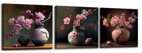 Piy Painting 3er Pfirsichblüte Leinwandbilder Rosa Blumen in einer Vase bilder 30x30cm Leinwand Wandbilder für Wohnzimmer, Küche, Bad, Esszimmer, Mit eingebautem Rahmen
