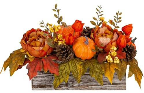 Autumn Decor Pumpkins Centerpiece Flora Arrangement in Rustic Wooden Box | Fall Dcor Artificial Peony Maple Leaf and Pinecones for Thanksgiving Harvest Party Mantel Fall Wedding Autumn Decorations