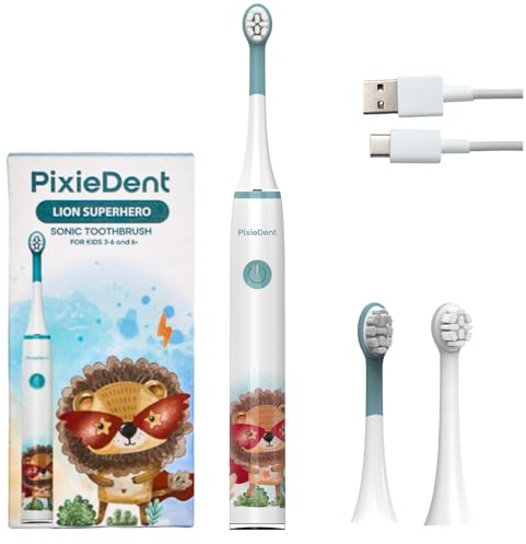 PixieDent Elektrische zahnbürste für Kinder Schallzahnbürste ultraschall mit 2 ersatzbürsten 2 Modi Timer Zeitschaltuhr Sanfte Borsten Kinderzahnbürste von 3+ und 6+
