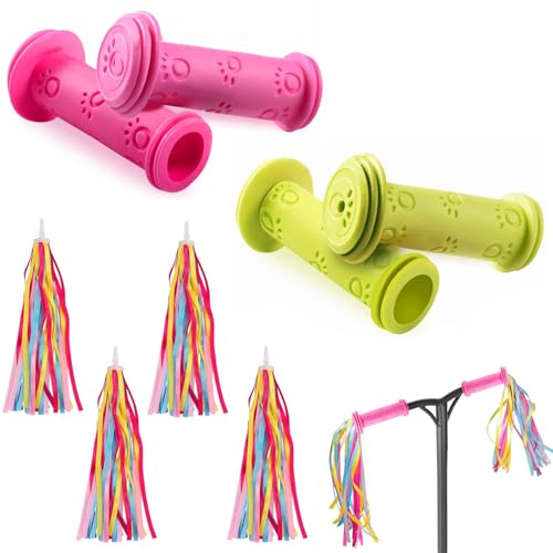 VireEyU Poignées de vélo pour enfants avec pompons, vert - Ensemble de 1 paire de poignées de guidon et 1 paire de franges de guidon colorées, poignées en caoutchouc pour guidon de vélo (vert)