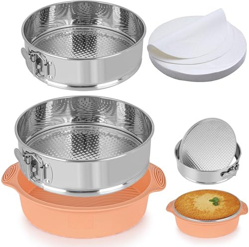 7, 9 Inch Springform Pan, Nonstick 304 Stainless Steel Cake Pans with Removable Bottom, Leakproof Springform Pan for Cheesecake with Silicone Pans Protector & 50PCS Parchment Paper, Dishwasher Safe