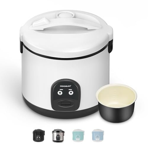 MOOSUM Electric Rice Cooker with One Touch for Asian Japanese Sushi Rice, 10-cup Uncooked, Convenient Cooker with Steamer, Stainless Steel Housing and Auto Warmer, White