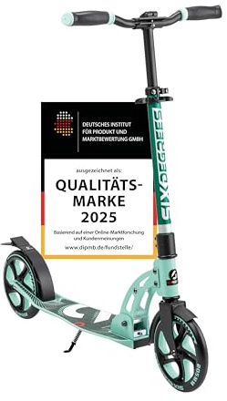 SIX DEGREES Aluminium Scooter mit Klappmechanismus u. Ständer, 205 mm, höhenverstellb., GS-geprüft, Mint, TESTSIEGER