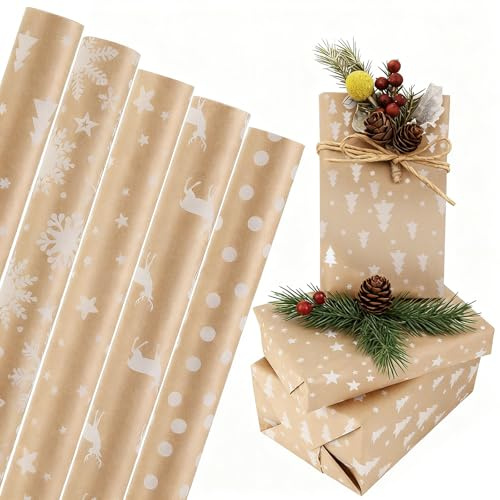 5 Pièces Papier Emballage Cadeau, Papier Cadeau Noel, Papier Cadeau Set, 43 × 300 CM par Rouleau, Papier Anniversaire D'emballage, Applicable to Mariage, Enfants, Fille, Garcon, Emballage Cadeau