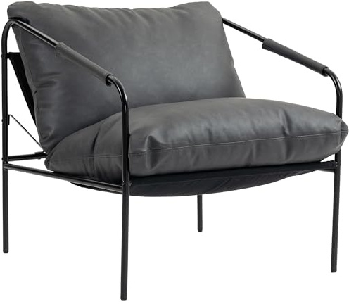 HOMCOM Poltrona da Salotto Imbottita Moderna, Poltroncina Camera da Letto con Cuscini Rimovibile, Braccioli e Telaio in Metallo, Poltrona Relax in Pelle PU per Soggiorno, 74.5x75x77 cm, Grigio Carbone