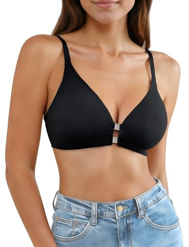 Dambehå utan bygel, främre stängning med knäppning, främre bh, underkläder, bustier, sömlös crop bygellös topp, justerbara remmar, sportbehå – XS-XL, svart, XL