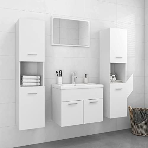 Holamys badrumsmöbelset vitt trämaterial, 4 delar, med tvättställsunderskåp, keramiskt tvättställ, 2 högskåp, spegel, modern design, gott om lagringsutrymme