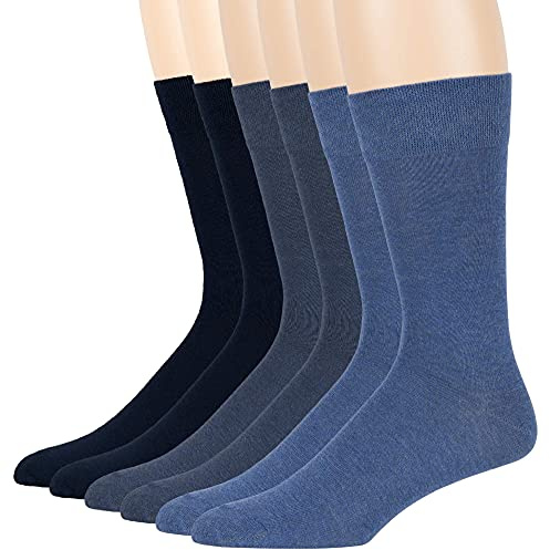 7BIGSTARS KINGDOM Men's Dress Socks Cotton -6 pack- Thin Assorted Crew Casual Dark Navy, Light Navy, Denim Blue Sock Size 13-15 Shoe Size 12-15 XL (A07)